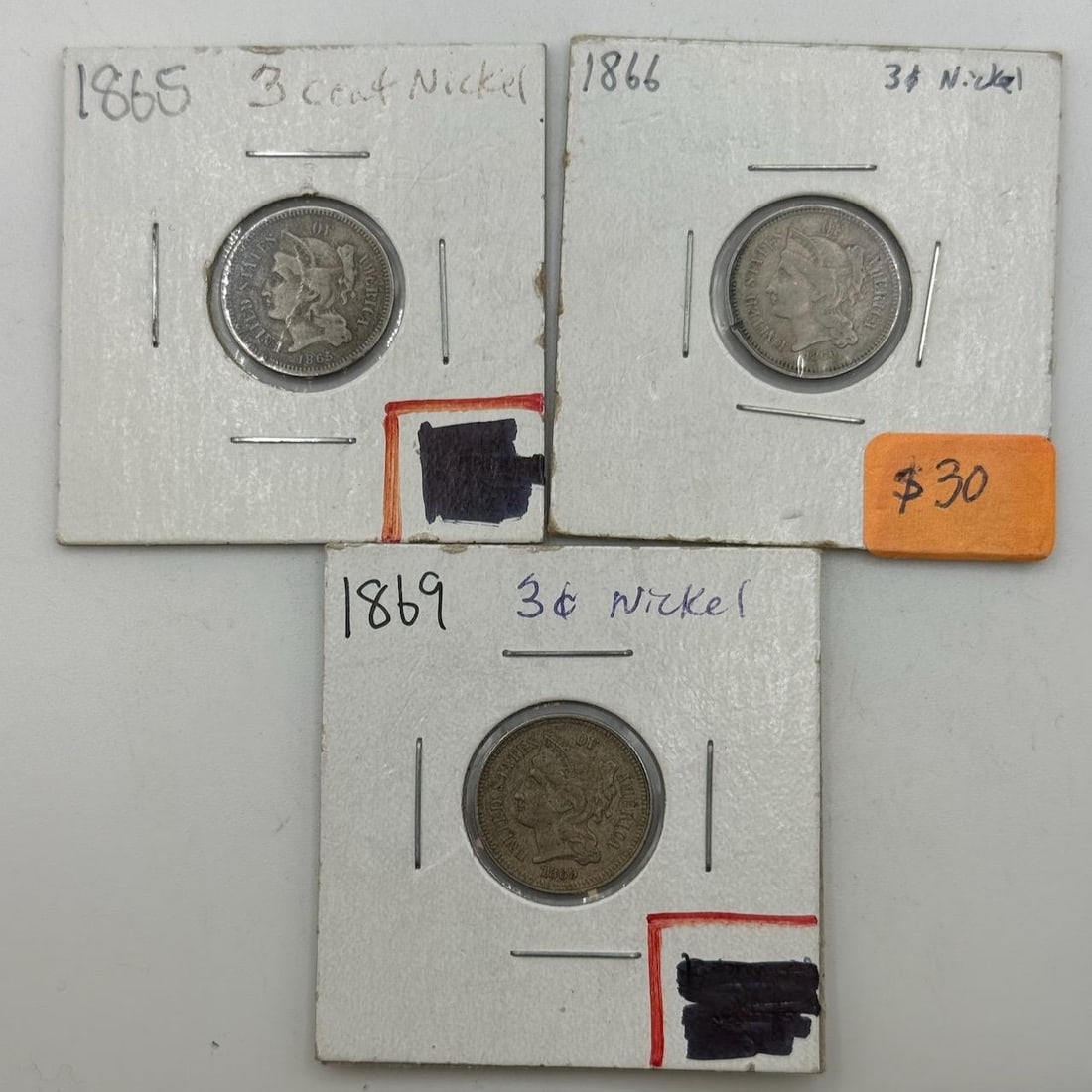 1865, 1866, 1869 Three-Cent Nickels, U.S. Mint, Copper-Nickel (1 of 8)