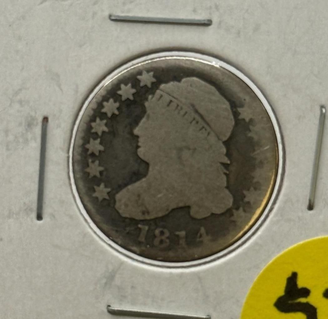 1814 Capped Bust Dime, U.S. Coin: IMPORTANT, WE ONLY ACCEPT CREDIT CARDS UP TO $500 FOR ONLINE COIN PURCHASES. YOU CAN PAY ACH THROUGH PROXIBID, OR YOU CAN SEND A WIRE OR CERTIFIED CHECK. WE WILL HOLD ALL SHIPPING OF COINS FOR 10 DAYS