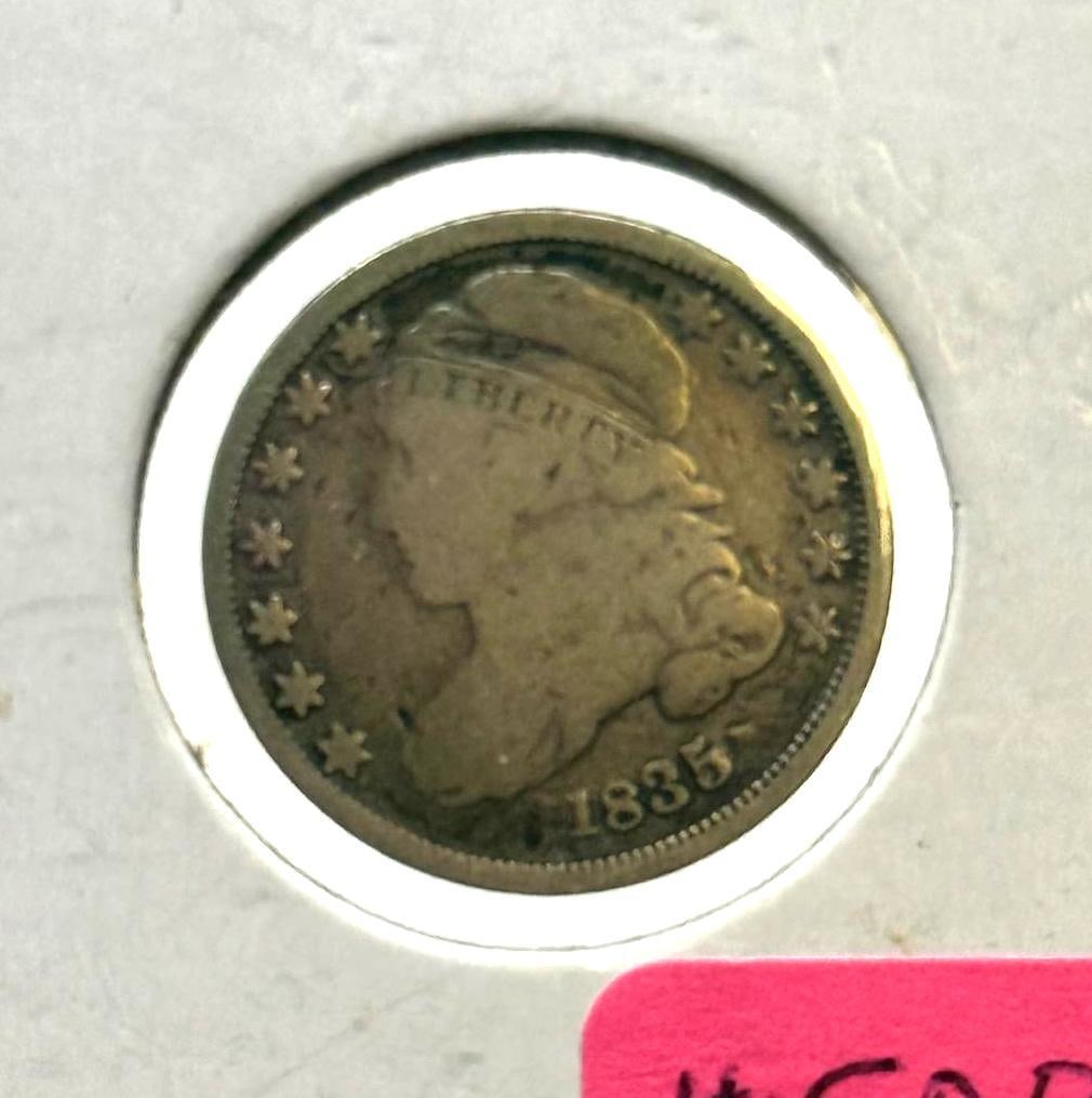 1835 Capped Bust Dime, U.S. Coin: IMPORTANT, WE ONLY ACCEPT CREDIT CARDS UP TO $500 FOR ONLINE COIN PURCHASES. YOU CAN PAY ACH THROUGH PROXIBID, OR YOU CAN SEND A WIRE OR CERTIFIED CHECK. WE WILL HOLD ALL SHIPPING OF COINS FOR 10 DAYS