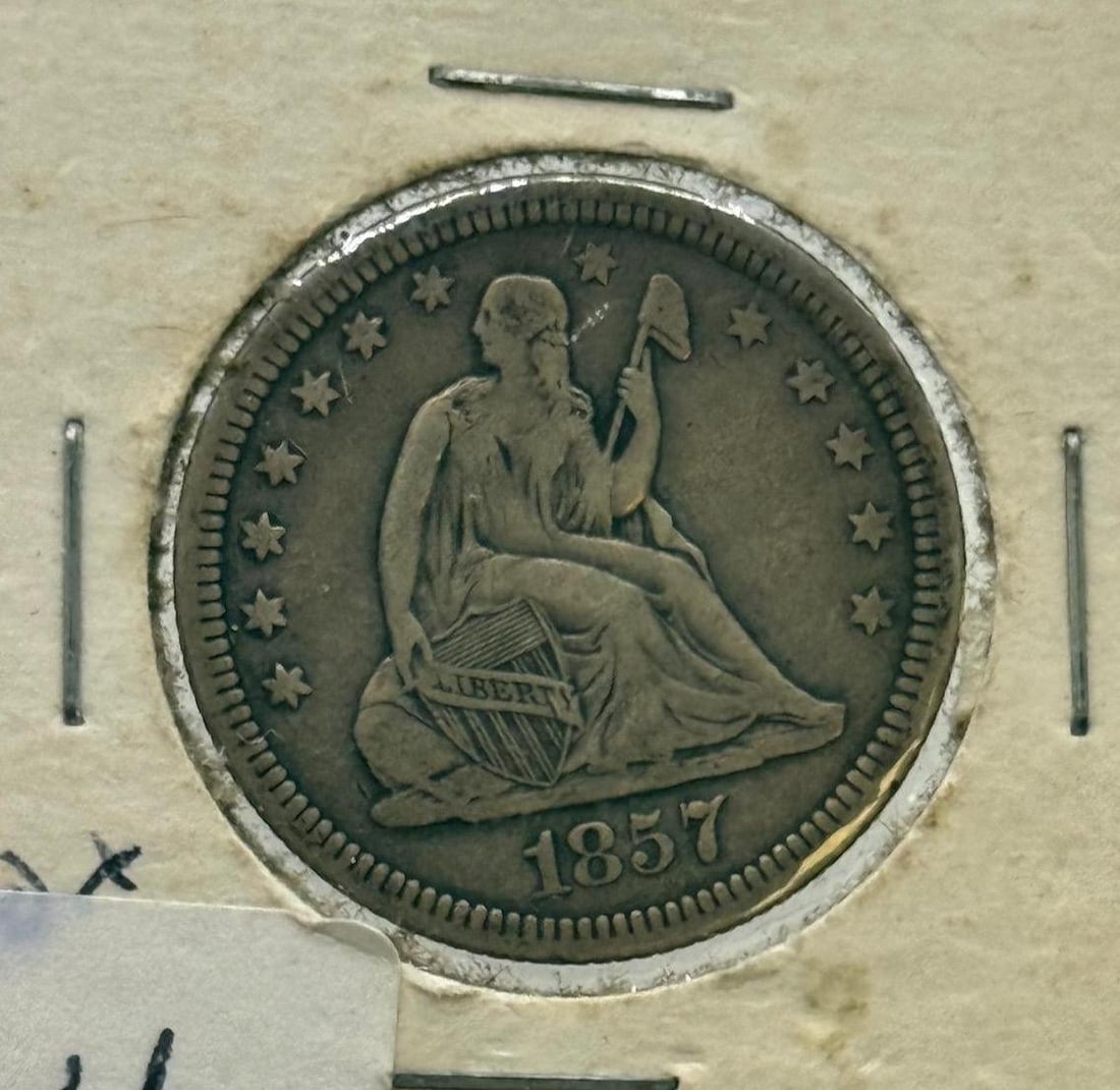 1857 Seated Liberty Quarter, United States, Silver Composition: IMPORTANT, WE ONLY ACCEPT CREDIT CARDS UP TO $500 FOR ONLINE COIN PURCHASES. YOU CAN PAY ACH THROUGH PROXIBID, OR YOU CAN SEND A WIRE OR CERTIFIED CHECK. WE WILL HOLD ALL SHIPPING OF COINS FOR 10 DAYS