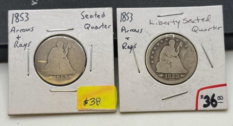 2- 1853 w/ arrows and rays Seated Liberty Quarter, United States, Silver Composition: IMPORTANT, WE ONLY ACCEPT CREDIT CARDS UP TO $500 FOR ONLINE COIN PURCHASES. YOU CAN PAY ACH THROUGH PROXIBID, OR YOU CAN SEND A WIRE OR CERTIFIED CHECK. WE WILL HOLD ALL SHIPPING OF COINS FOR 10 DAYS