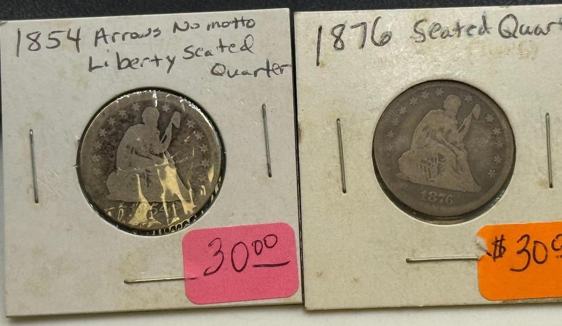 1854 w/ arrows and 1876 Seated Liberty Quarter, United States, Silver Composition: IMPORTANT, WE ONLY ACCEPT CREDIT CARDS UP TO $500 FOR ONLINE COIN PURCHASES. YOU CAN PAY ACH THROUGH PROXIBID, OR YOU CAN SEND A WIRE OR CERTIFIED CHECK. WE WILL HOLD ALL SHIPPING OF COINS FOR 10 DAYS