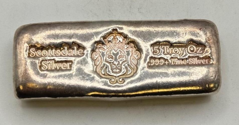 Scottsdale 5 Troy Oz Silver Bullion Bar, .999 Purity, Embossed Lion Logo: IMPORTANT, WE ONLY ACCEPT CREDIT CARDS UP TO $500 FOR ONLINE COIN PURCHASES. YOU CAN PAY ACH THROUGH PROXIBID, OR YOU CAN SEND A WIRE OR CERTIFIED CHECK. WE WILL HOLD ALL SHIPPING OF COINS FOR 10 DAYS