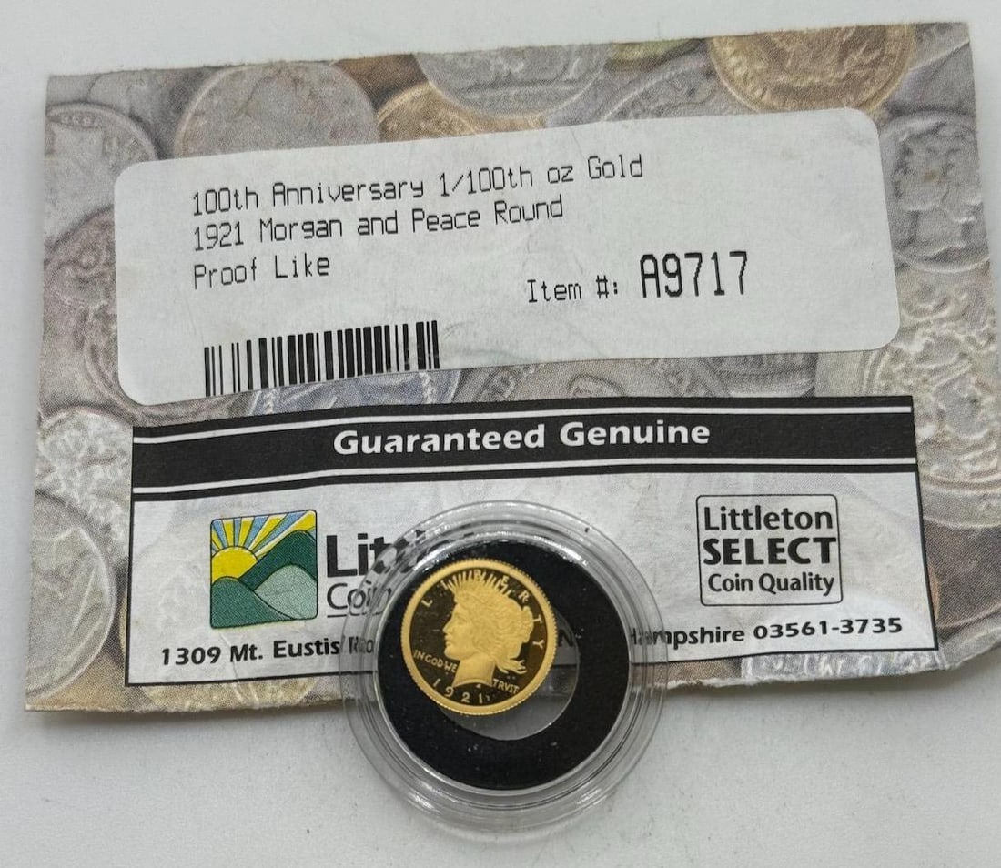 1921 Morgan and Peace Round 100th Anniversary 1/100th oz Gold Coin: IMPORTANT, WE ONLY ACCEPT CREDIT CARDS UP TO $500 FOR ONLINE COIN PURCHASES. YOU CAN PAY ACH THROUGH PROXIBID, OR YOU CAN SEND A WIRE OR CERTIFIED CHECK. WE WILL HOLD ALL SHIPPING OF COINS FOR 10 DAYS