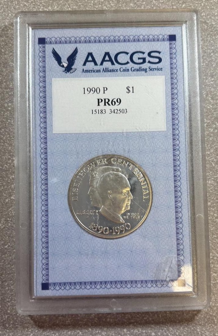 1990 Eisenhower Centennial Commemorative Coin, PR69, $1, ACGS Graded: IMPORTANT, WE ONLY ACCEPT CREDIT CARDS UP TO $500 FOR ONLINE COIN PURCHASES. YOU CAN PAY ACH THROUGH PROXIBID, OR YOU CAN SEND A WIRE OR CERTIFIED CHECK. WE WILL HOLD ALL SHIPPING OF COINS FOR 10 DAYS