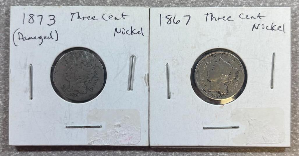 1873 & 1867 U.S. Three-Cent Nickel Coins, Historical Currency (1 of 6)