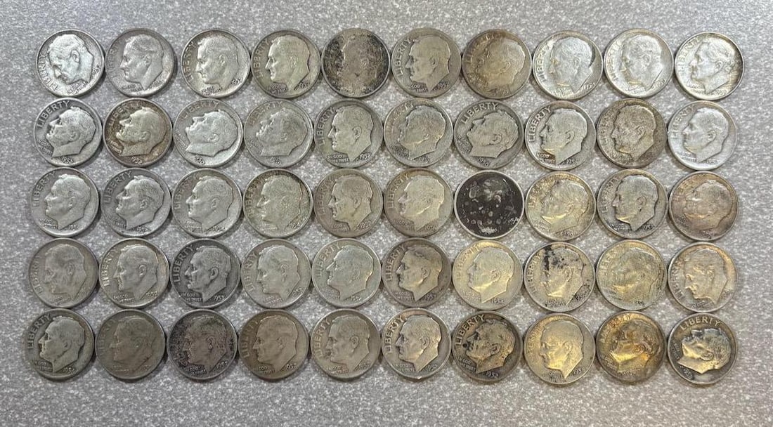 50- 90% Silver Roosevelt Dimes, various dates: IMPORTANT, WE ONLY ACCEPT CREDIT CARDS UP TO $500 FOR ONLINE COIN PURCHASES. YOU CAN PAY ACH THROUGH PROXIBID, OR YOU CAN SEND A WIRE OR CERTIFIED CHECK. WE WILL HOLD ALL SHIPPING OF COINS FOR 10 DAYS