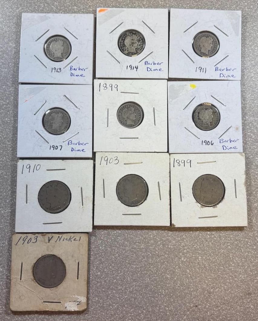 6- Barber Dimes and 4 V Nickels, various dates (1 of 20)