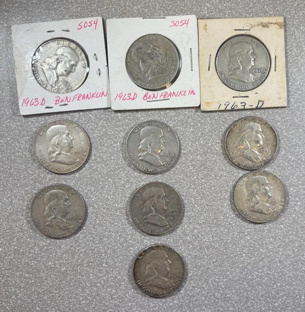 10- 90% Silver Franklin Half Dollars, various dates: IMPORTANT, WE ONLY ACCEPT CREDIT CARDS UP TO $500 FOR ONLINE COIN PURCHASES. YOU CAN PAY ACH THROUGH PROXIBID, OR YOU CAN SEND A WIRE OR CERTIFIED CHECK. WE WILL HOLD ALL SHIPPING OF COINS FOR 10 DAYS