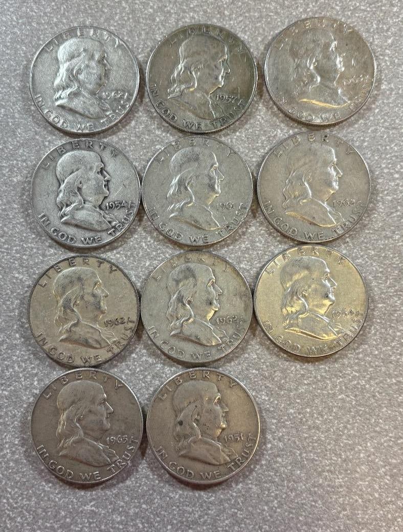 11- 90% Silver Franklin Half Dollars, various dates (1 of 10)