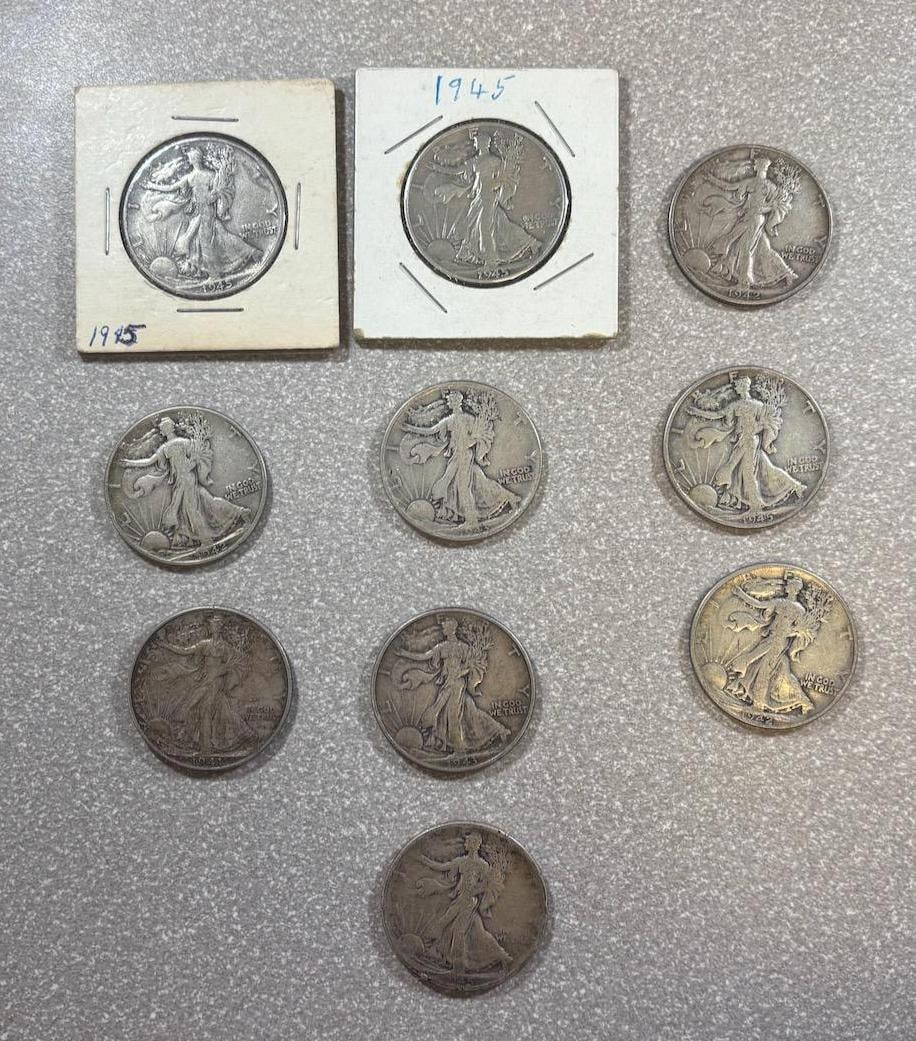 10- 90% Silver Walking Liberty Half Dollars, various dates: IMPORTANT, WE ONLY ACCEPT CREDIT CARDS UP TO $500 FOR ONLINE COIN PURCHASES. YOU CAN PAY ACH THROUGH PROXIBID, OR YOU CAN SEND A WIRE OR CERTIFIED CHECK. WE WILL HOLD ALL SHIPPING OF COINS FOR 10 DAYS