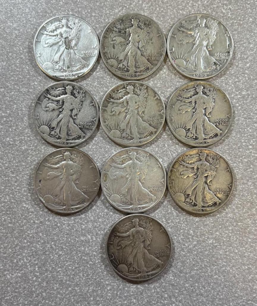 10- 90% Silver Walking Liberty Half Dollars, various dates (1 of 10)