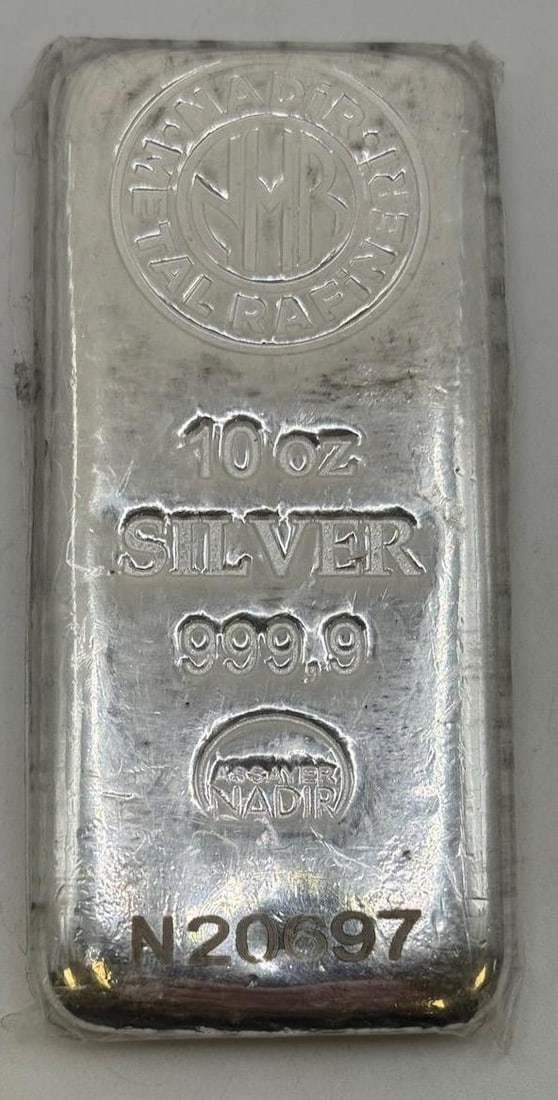 Nadir Metal Refinery 10 oz Silver Bar, 999.9 Purity, Serial No. N20697 (1 of 2)