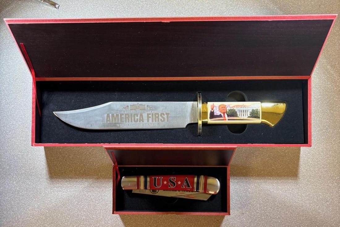Donald Trump Commemorative Knife Set, United States Bowie Knife and folding knife: IMPORTANT, WE ONLY ACCEPT CREDIT CARDS UP TO $500 FOR ONLINE COIN PURCHASES. YOU CAN PAY ACH THROUGH PROXIBID, OR YOU CAN SEND A WIRE OR CERTIFIED CHECK. WE WILL HOLD ALL SHIPPING OF COINS FOR 10 DAYS