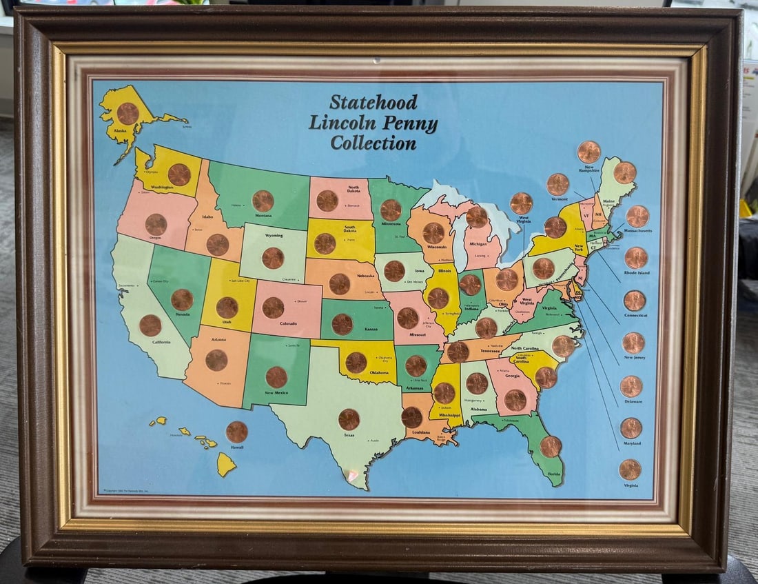 2000 Statehood Lincoln Penny Collection, U.S. Mint, 50 Coins: 2000 Statehood Lincoln Penny Collection, U.S. Mint, 50 Coins, copper-plated zinc, displayed in a wood frame with glass cover, approximately 24x18 inches, each penny designated to one state. IMPORTANT,