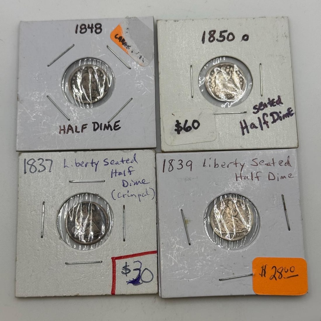 Liberty Seated Half Dimes, 1837, 1839, 1848, 1850 O, US Mint: IMPORTANT, WE ONLY ACCEPT CREDIT CARDS UP TO $500 FOR ONLINE COIN PURCHASES. YOU CAN PAY ACH THROUGH PROXIBID, OR YOU CAN SEND A WIRE OR CERTIFIED CHECK. WE WILL HOLD ALL SHIPPING OF COINS FOR 10 DAYS