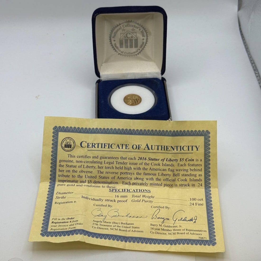 2016 Cook Islands Statue of Liberty $5 Commemorative Coin, 1/10th Troy, .24 fine: IMPORTANT, WE ONLY ACCEPT CREDIT CARDS UP TO $500 FOR ONLINE COIN PURCHASES. YOU CAN PAY ACH THROUGH PROXIBID, OR YOU CAN SEND A WIRE OR CERTIFIED CHECK. WE WILL HOLD ALL SHIPPING OF COINS FOR 10 DAYS