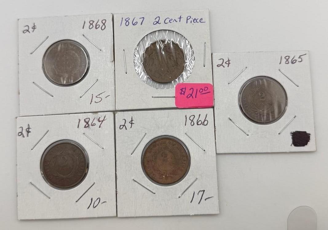 U.S. Two-Cent Coins Collection, 1864-1868, 2 Cents, Copper Composition (1 of 12)