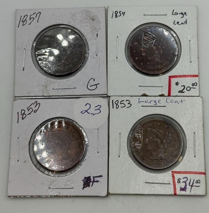2-1853, 1854, 1857 U.S. Braided Hair Large Cents, Copper Coins, Liberty Head Design (1 of 9)