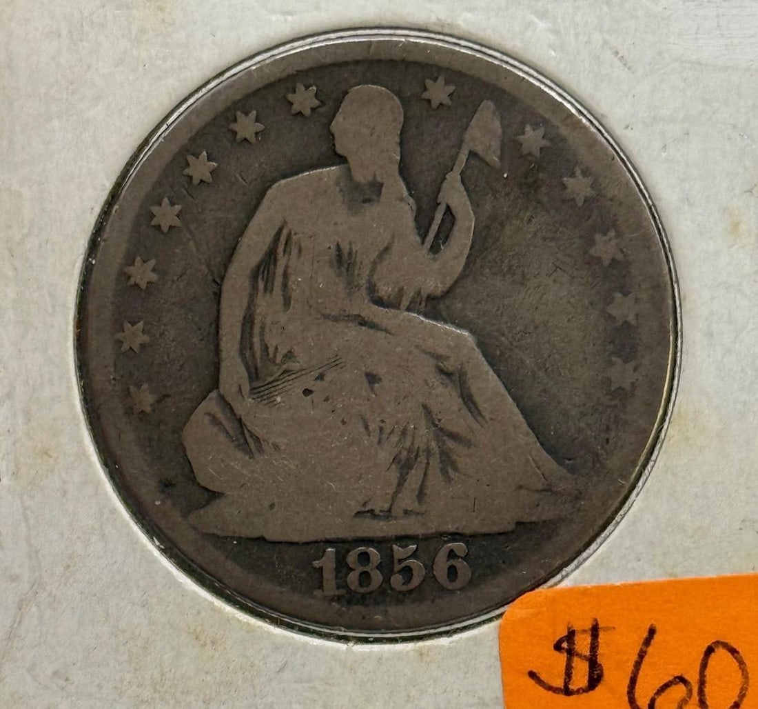 1856-O Liberty Seated Half Dollar, New Orleans Mint, 90% Silver: IMPORTANT, WE ONLY ACCEPT CREDIT CARDS UP TO $500 FOR ONLINE COIN PURCHASES. YOU CAN PAY ACH THROUGH PROXIBID, OR YOU CAN SEND A WIRE OR CERTIFIED CHECK. WE WILL HOLD ALL SHIPPING OF COINS FOR 10 DAYS