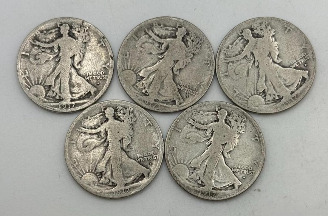 5- 1917 Walking Liberty Half Dollars w/ obverse mint marks: IMPORTANT, WE ONLY ACCEPT CREDIT CARDS UP TO $500 FOR ONLINE COIN PURCHASES. YOU CAN PAY ACH THROUGH PROXIBID, OR YOU CAN SEND A WIRE OR CERTIFIED CHECK. WE WILL HOLD ALL SHIPPING OF COINS FOR 10 DAYS