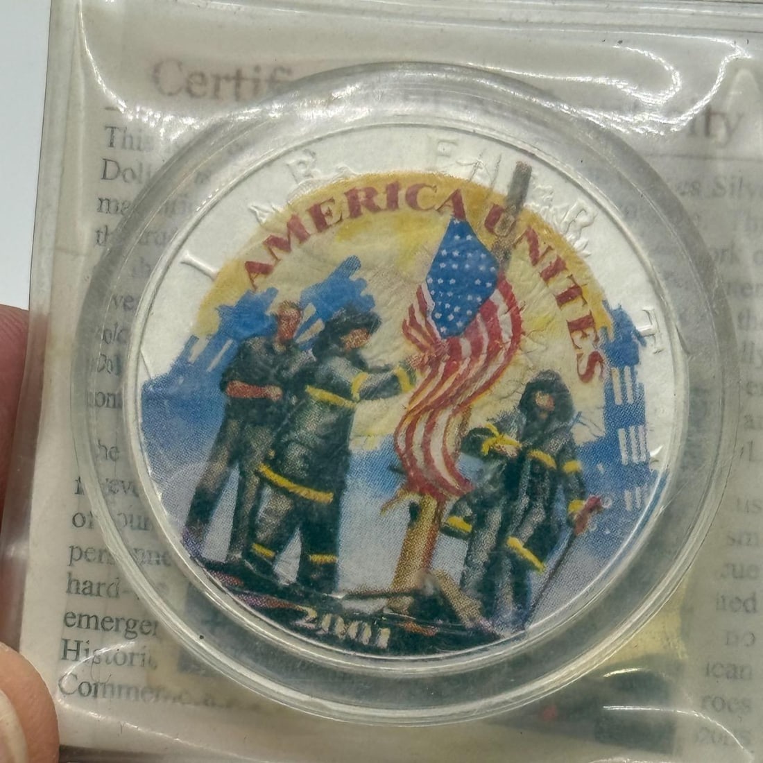 2001 America Unites Commemorative SILVER EAGLE Coin, 1 oz Fine Silver, September 11 Tribute: IMPORTANT, WE ONLY ACCEPT CREDIT CARDS UP TO $500 FOR ONLINE COIN PURCHASES. YOU CAN PAY ACH THROUGH PROXIBID, OR YOU CAN SEND A WIRE OR CERTIFIED CHECK. WE WILL HOLD ALL SHIPPING OF COINS FOR 10 DAYS