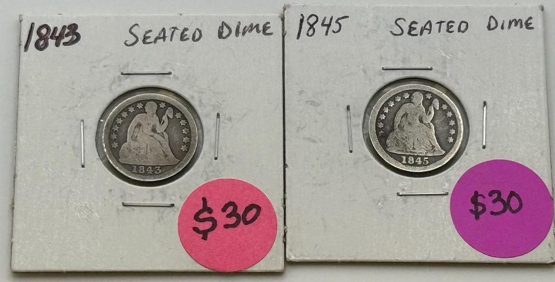 1843 & 1845 Seated Liberty Dimes, Silver, U.S. Mint: IMPORTANT, WE ONLY ACCEPT CREDIT CARDS UP TO $500 FOR ONLINE COIN PURCHASES. YOU CAN PAY ACH THROUGH PROXIBID, OR YOU CAN SEND A WIRE OR CERTIFIED CHECK. WE WILL HOLD ALL SHIPPING OF COINS FOR 10 DAYS