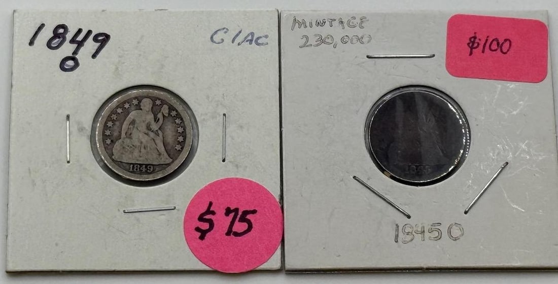 1845-O aand 1849-O Seated Liberty Dimes, Silver, U.S. Mint: IMPORTANT, WE ONLY ACCEPT CREDIT CARDS UP TO $500 FOR ONLINE COIN PURCHASES. YOU CAN PAY ACH THROUGH PROXIBID, OR YOU CAN SEND A WIRE OR CERTIFIED CHECK. WE WILL HOLD ALL SHIPPING OF COINS FOR 10 DAYS