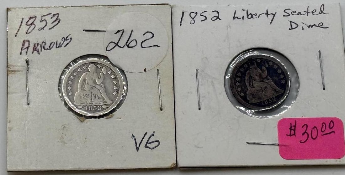 1852 and 1853 w/ arrows Seated Liberty Dimes, Silver, U.S. Mint: IMPORTANT, WE ONLY ACCEPT CREDIT CARDS UP TO $500 FOR ONLINE COIN PURCHASES. YOU CAN PAY ACH THROUGH PROXIBID, OR YOU CAN SEND A WIRE OR CERTIFIED CHECK. WE WILL HOLD ALL SHIPPING OF COINS FOR 10 DAYS