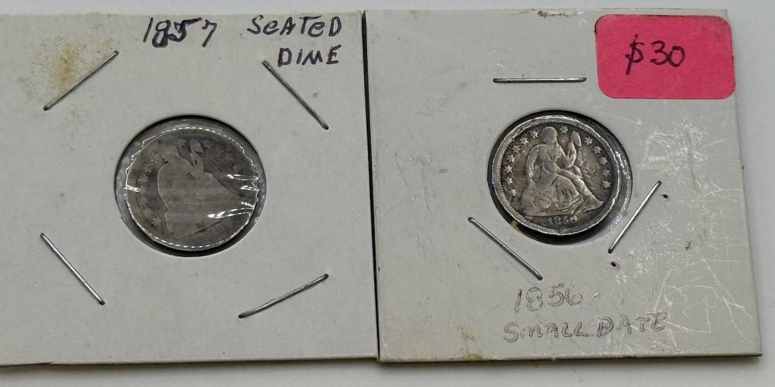1856 and 1857 Seated Liberty Dimes, Silver, U.S. Mint: IMPORTANT, WE ONLY ACCEPT CREDIT CARDS UP TO $500 FOR ONLINE COIN PURCHASES. YOU CAN PAY ACH THROUGH PROXIBID, OR YOU CAN SEND A WIRE OR CERTIFIED CHECK. WE WILL HOLD ALL SHIPPING OF COINS FOR 10 DAYS