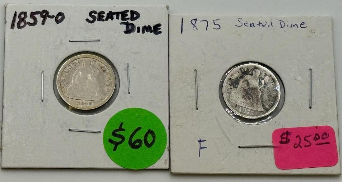 1859-O and 1875 Seated Liberty Dimes, Silver, U.S. Mint: IMPORTANT, WE ONLY ACCEPT CREDIT CARDS UP TO $500 FOR ONLINE COIN PURCHASES. YOU CAN PAY ACH THROUGH PROXIBID, OR YOU CAN SEND A WIRE OR CERTIFIED CHECK. WE WILL HOLD ALL SHIPPING OF COINS FOR 10 DAYS