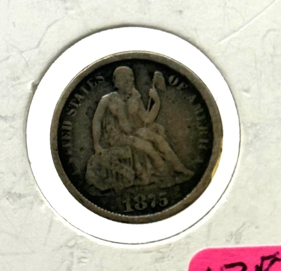 1875-CC Carson City Seated Liberty Dime, Silver, U.S. Mint: IMPORTANT, WE ONLY ACCEPT CREDIT CARDS UP TO $500 FOR ONLINE COIN PURCHASES. YOU CAN PAY ACH THROUGH PROXIBID, OR YOU CAN SEND A WIRE OR CERTIFIED CHECK. WE WILL HOLD ALL SHIPPING OF COINS FOR 10 DAYS