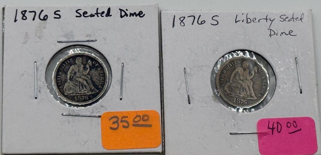 2- 1876-S Seated Liberty Dimes, Silver, U.S. Mint: IMPORTANT, WE ONLY ACCEPT CREDIT CARDS UP TO $500 FOR ONLINE COIN PURCHASES. YOU CAN PAY ACH THROUGH PROXIBID, OR YOU CAN SEND A WIRE OR CERTIFIED CHECK. WE WILL HOLD ALL SHIPPING OF COINS FOR 10 DAYS