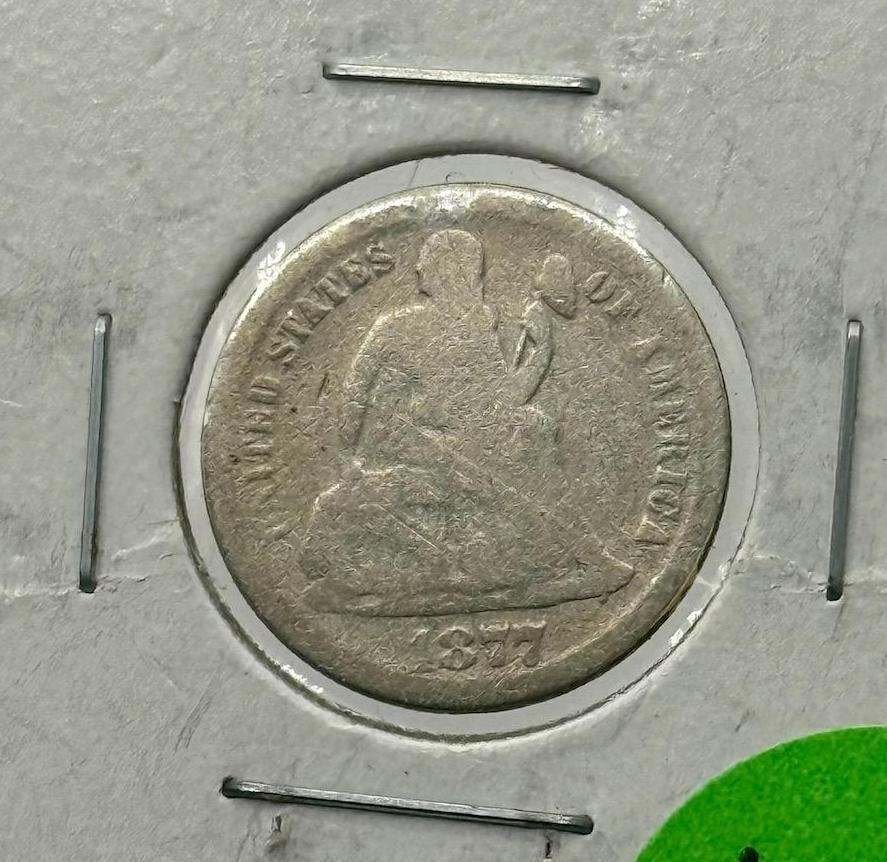 1877-CC Carson City Seated Liberty Dime, Silver, U.S. Mint: IMPORTANT, WE ONLY ACCEPT CREDIT CARDS UP TO $500 FOR ONLINE COIN PURCHASES. YOU CAN PAY ACH THROUGH PROXIBID, OR YOU CAN SEND A WIRE OR CERTIFIED CHECK. WE WILL HOLD ALL SHIPPING OF COINS FOR 10 DAYS