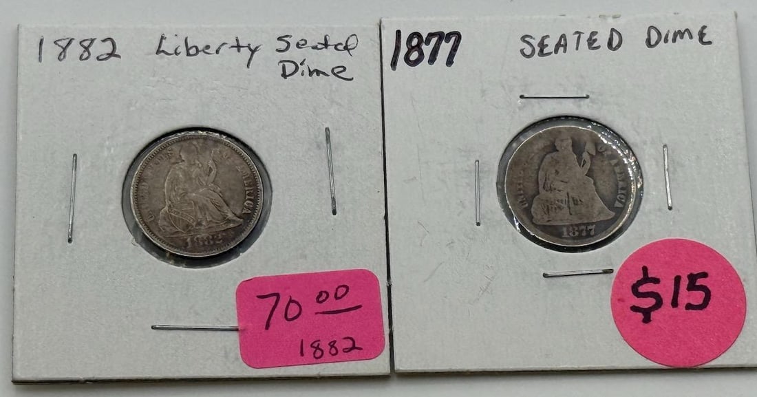 1877 and 1882 Seated Liberty Dimes, Silver, U.S. Mint: IMPORTANT, WE ONLY ACCEPT CREDIT CARDS UP TO $500 FOR ONLINE COIN PURCHASES. YOU CAN PAY ACH THROUGH PROXIBID, OR YOU CAN SEND A WIRE OR CERTIFIED CHECK. WE WILL HOLD ALL SHIPPING OF COINS FOR 10 DAYS