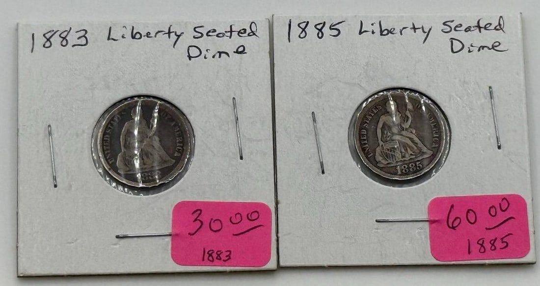 1883 and 1885 Seated Liberty Dimes, Silver, U.S. Mint: IMPORTANT, WE ONLY ACCEPT CREDIT CARDS UP TO $500 FOR ONLINE COIN PURCHASES. YOU CAN PAY ACH THROUGH PROXIBID, OR YOU CAN SEND A WIRE OR CERTIFIED CHECK. WE WILL HOLD ALL SHIPPING OF COINS FOR 10 DAYS