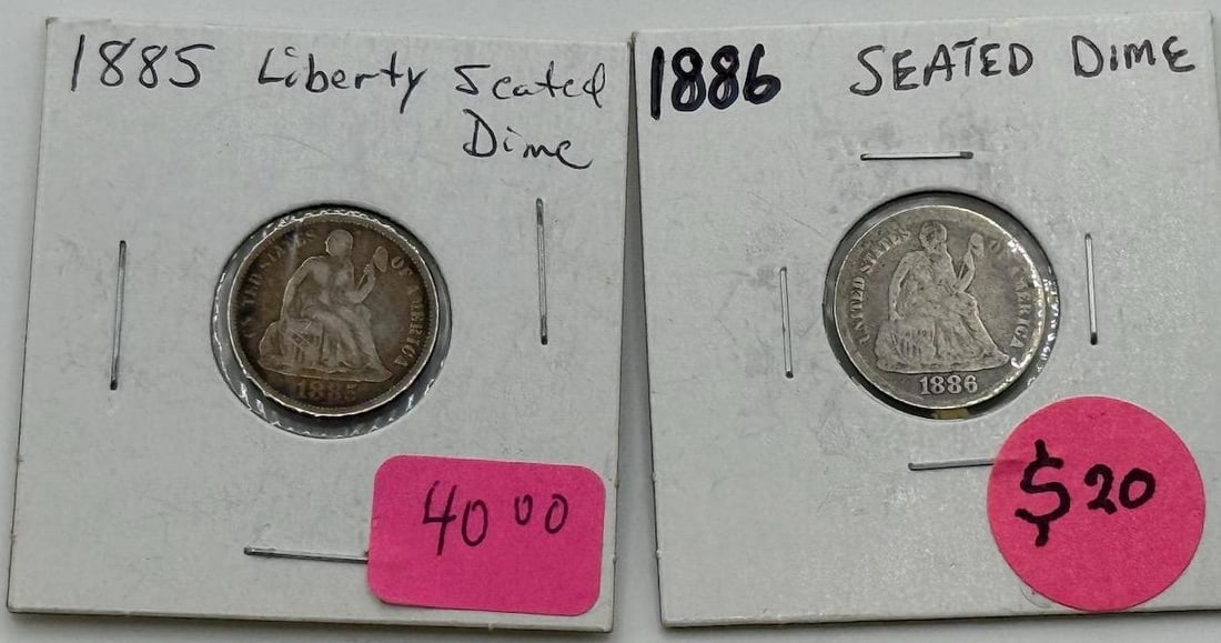 1885 and 1886 Seated Liberty Dimes, Silver, U.S. Mint: IMPORTANT, WE ONLY ACCEPT CREDIT CARDS UP TO $500 FOR ONLINE COIN PURCHASES. YOU CAN PAY ACH THROUGH PROXIBID, OR YOU CAN SEND A WIRE OR CERTIFIED CHECK. WE WILL HOLD ALL SHIPPING OF COINS FOR 10 DAYS