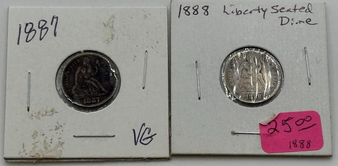 1887 and 1888 Seated Liberty Dimes, Silver, U.S. Mint: IMPORTANT, WE ONLY ACCEPT CREDIT CARDS UP TO $500 FOR ONLINE COIN PURCHASES. YOU CAN PAY ACH THROUGH PROXIBID, OR YOU CAN SEND A WIRE OR CERTIFIED CHECK. WE WILL HOLD ALL SHIPPING OF COINS FOR 10 DAYS