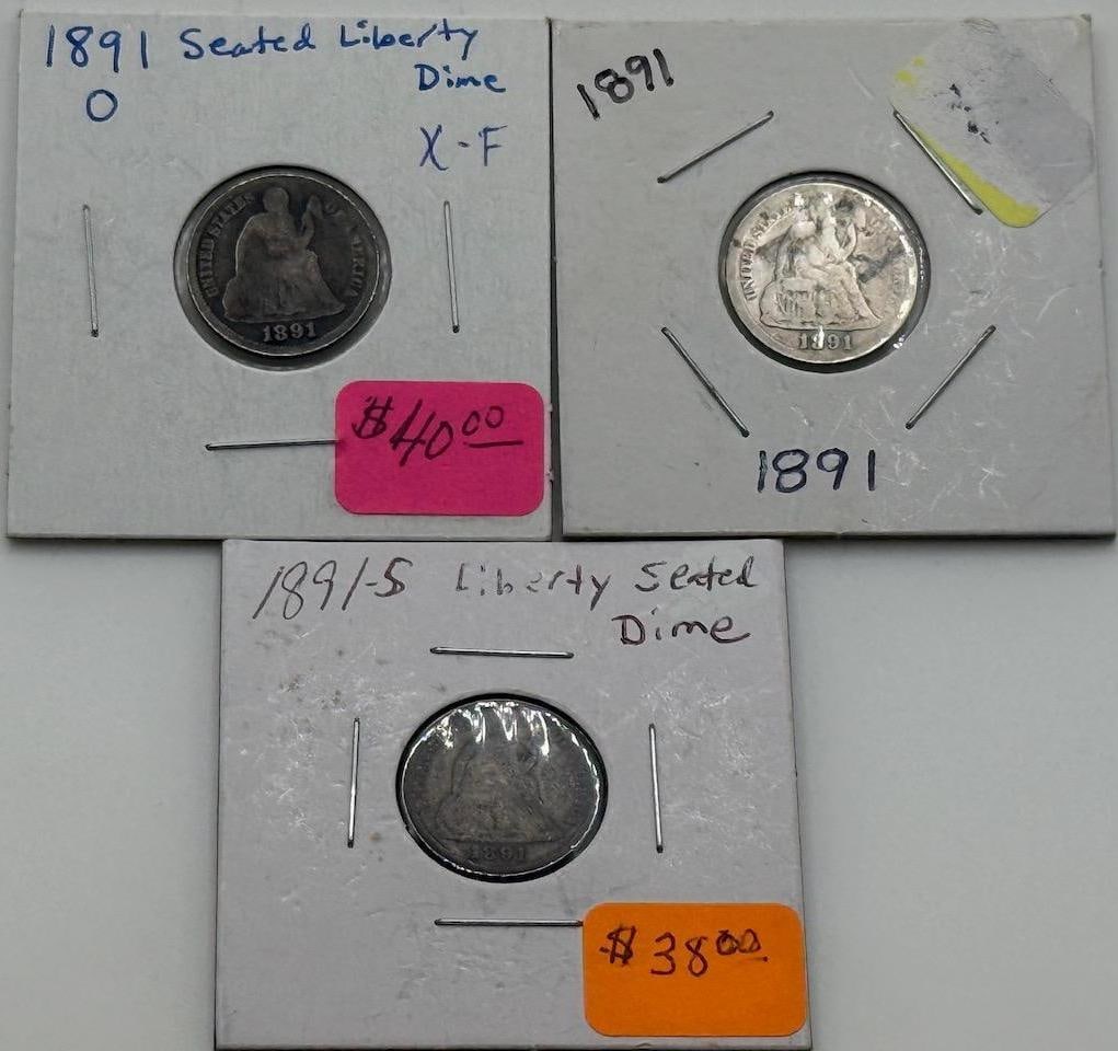 1891, 1891-O, 1891-S Seated Liberty Dimes, Silver, U.S. Mint (1 of 7)