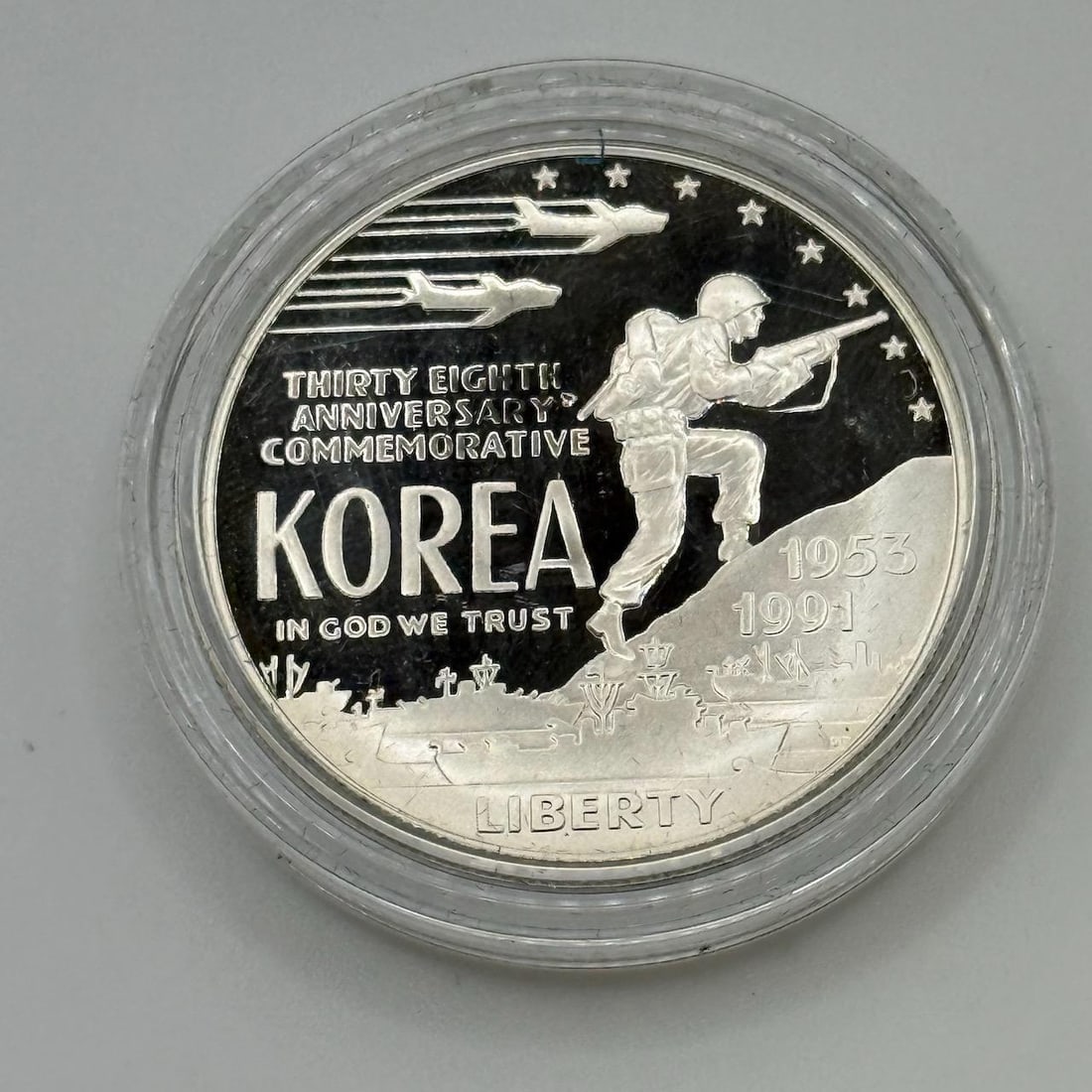 1991 US Mint Korea 38th Anniversary Commemorative Coin, Silver, One Dollar (1 of 2)
