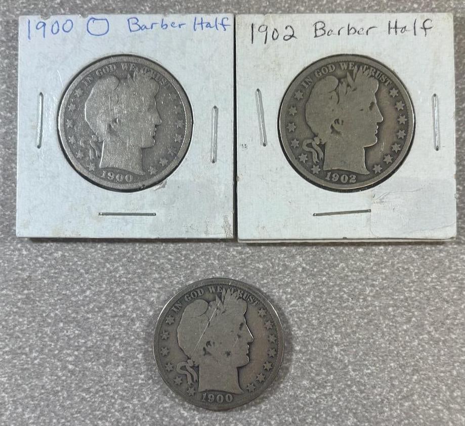 1900, 1900-O & 1902 Barber Half Dollar Coins, U.S. Mint, Silver, Mint Mark O (1 of 8)