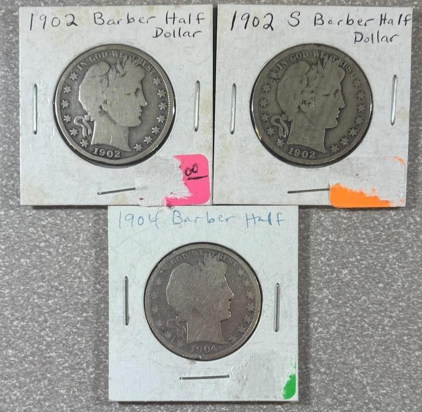 1902, 1902-S & 1904 Barber Half Dollars, U.S. Mint, Silver (1 of 8)
