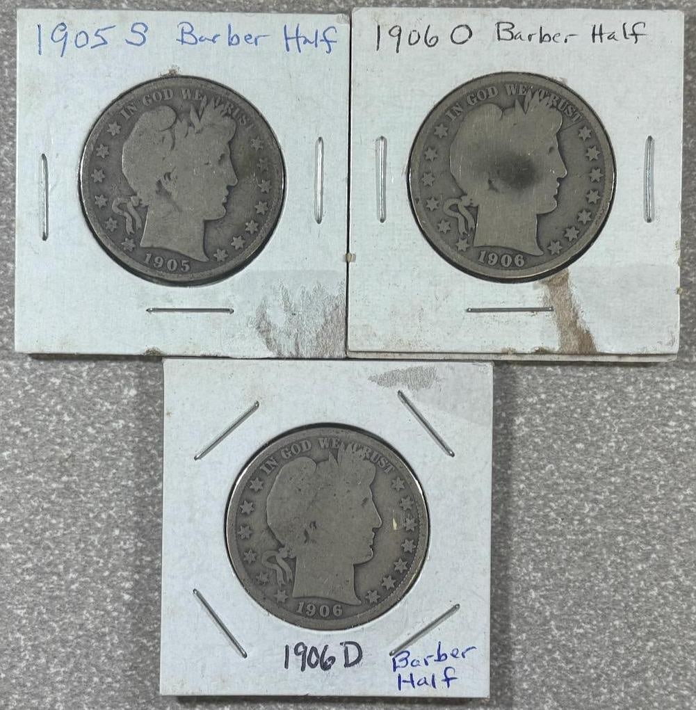 1905 S, 1906 O, 1906 D Barber Half Dollar Coins, U.S. Mint, 90% Silver: IMPORTANT, WE ONLY ACCEPT CREDIT CARDS UP TO $500 FOR ONLINE COIN PURCHASES. YOU CAN PAY ACH THROUGH PROXIBID, OR YOU CAN SEND A WIRE OR CERTIFIED CHECK. WE WILL HOLD ALL SHIPPING OF COINS FOR 10 DAYS