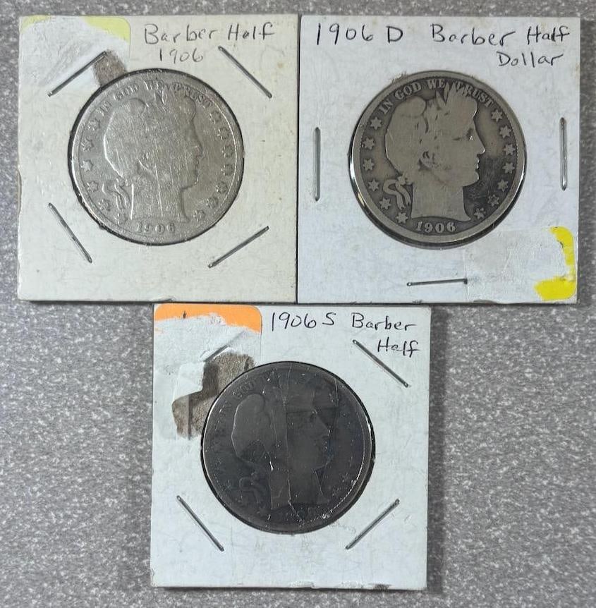 1906 PDS Barber Half Dollar Coins, Mint Marks D, S, and Philadelphia, 90% Silver (1 of 8)