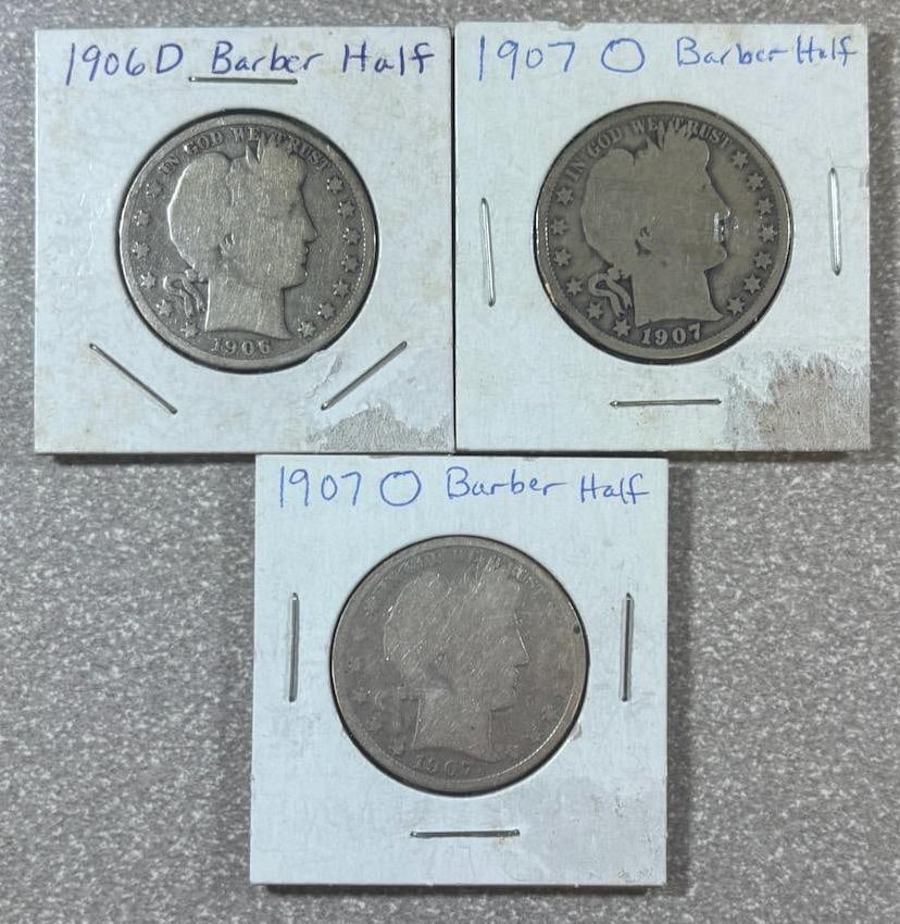 1906-D and 2- 1907-O Barber Half Dollar Coins, 90% Silver (1 of 8)