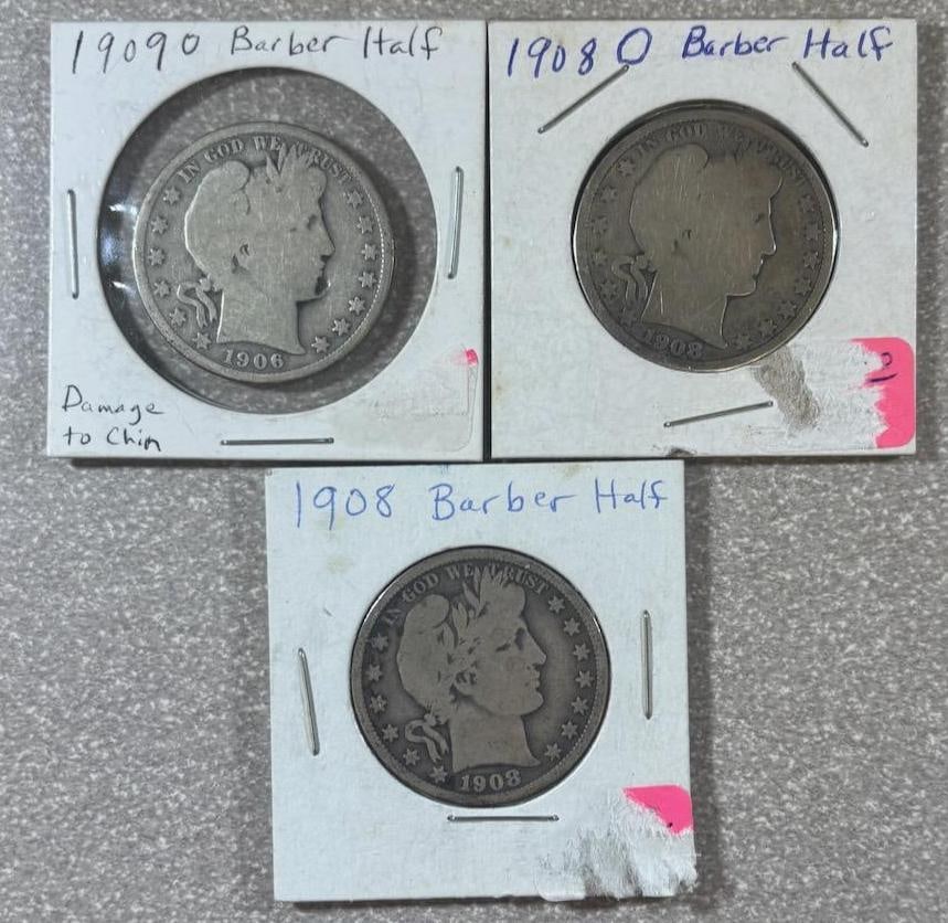 1908, 1908-O, and 1909-O Barber Half Dollar Coins, 90% Silver (1 of 8)