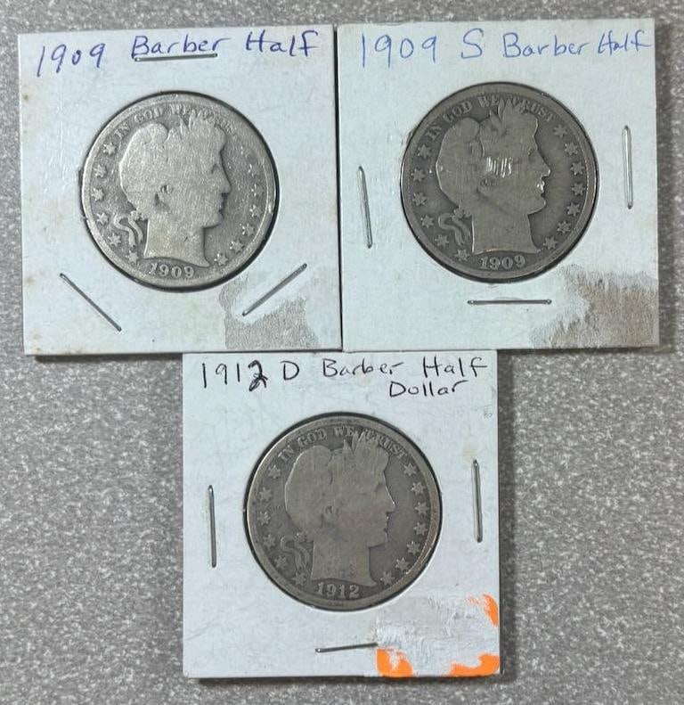 1909, 1909-S, & 1912-D Barber Half Dollars, U.S. Mint (1 of 8)