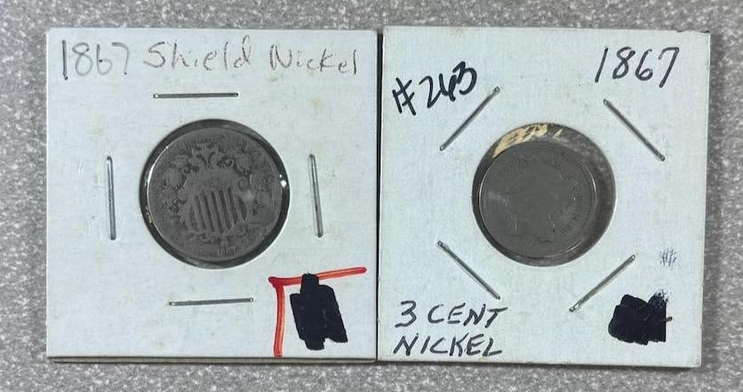 1867 Shield Nickel & 1867 3 Cent Nickel, U.S. Coins (1 of 6)