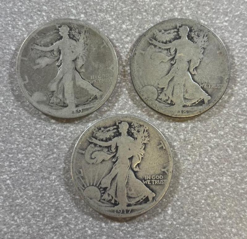 1917, 1918, 1919-D Walking Liberty Half Dollars, 90% silver (1 of 2)