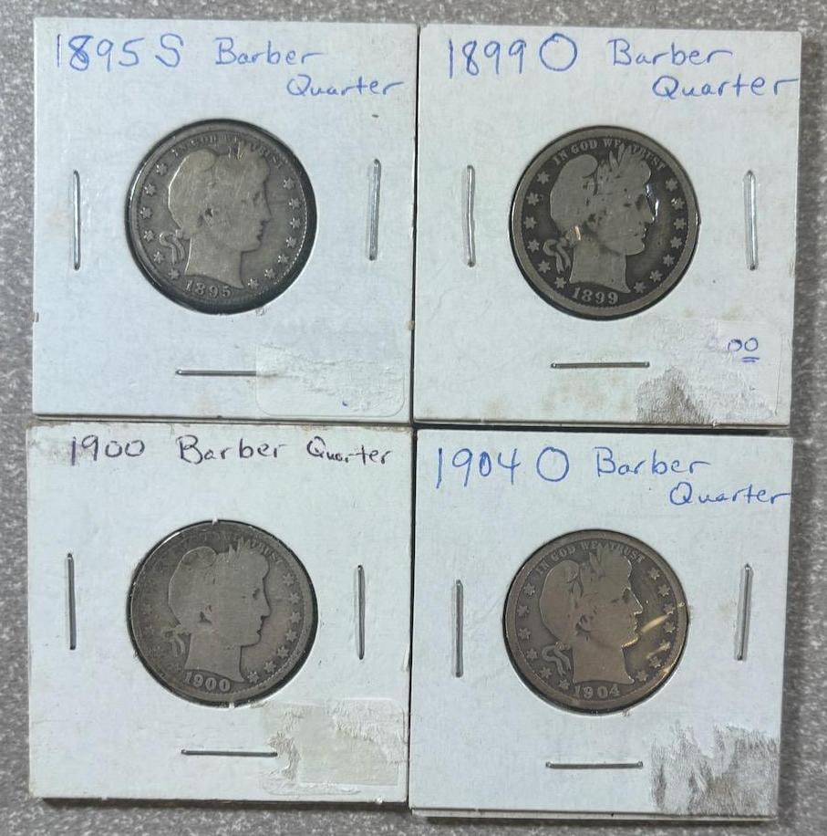 Set of Barber Quarters - 1895S, 1899O, 1900, 1904O, US Mint, 90% silver: IMPORTANT, WE ONLY ACCEPT CREDIT CARDS UP TO $500 FOR ONLINE COIN PURCHASES. YOU CAN PAY ACH THROUGH PROXIBID, OR YOU CAN SEND A WIRE OR CERTIFIED CHECK. WE WILL HOLD ALL SHIPPING OF COINS FOR 10 DAYS